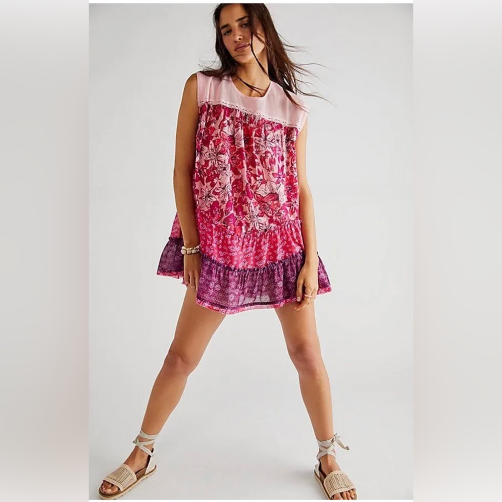 NWOT Free People Angelica Printed Tunic Mesh Ruffle Sleeveless Cutout Top-Size S